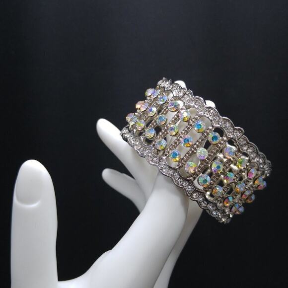 Aurora Borealis Rhinestone Cuff Bracelet, Silver Tone Stretch Metal Wide, 6 1/2" - Picture 2 of 8